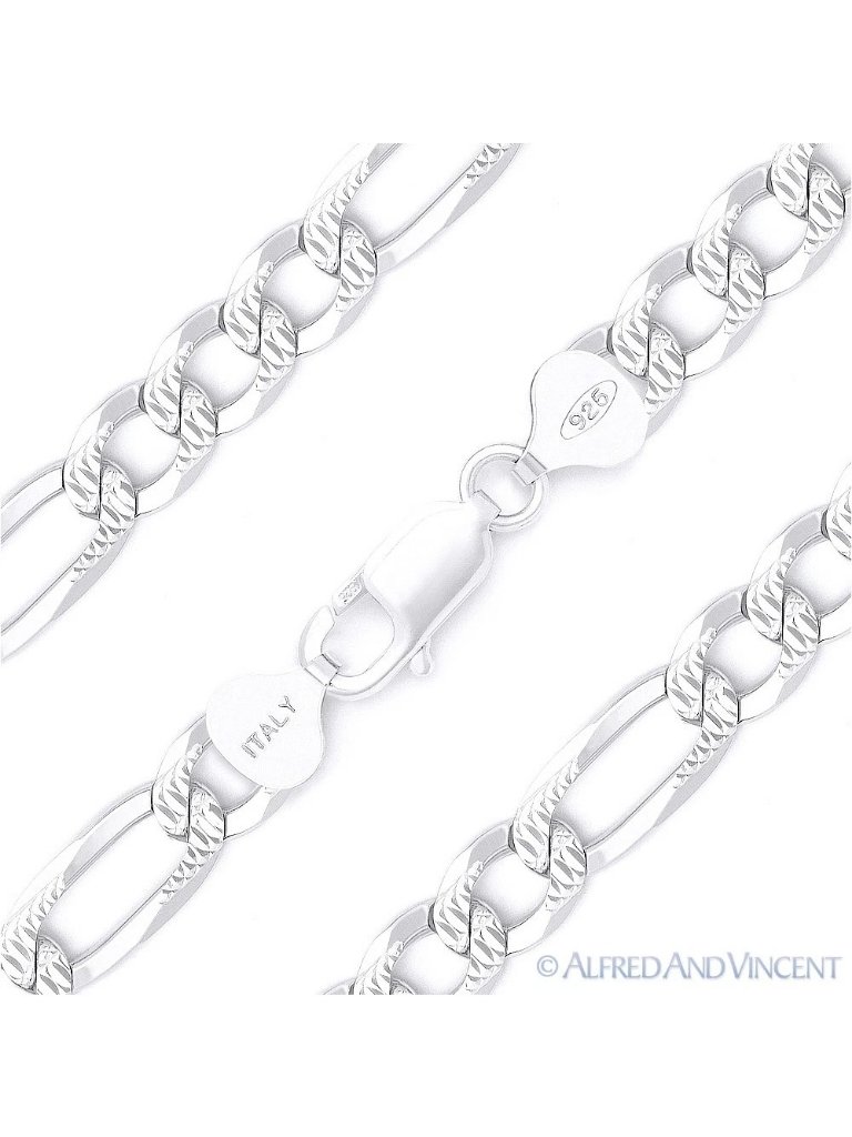 8.4mm Figaro D-Cut Pave Link Italian Chain Necklace In .925 Sterling Silver 22"